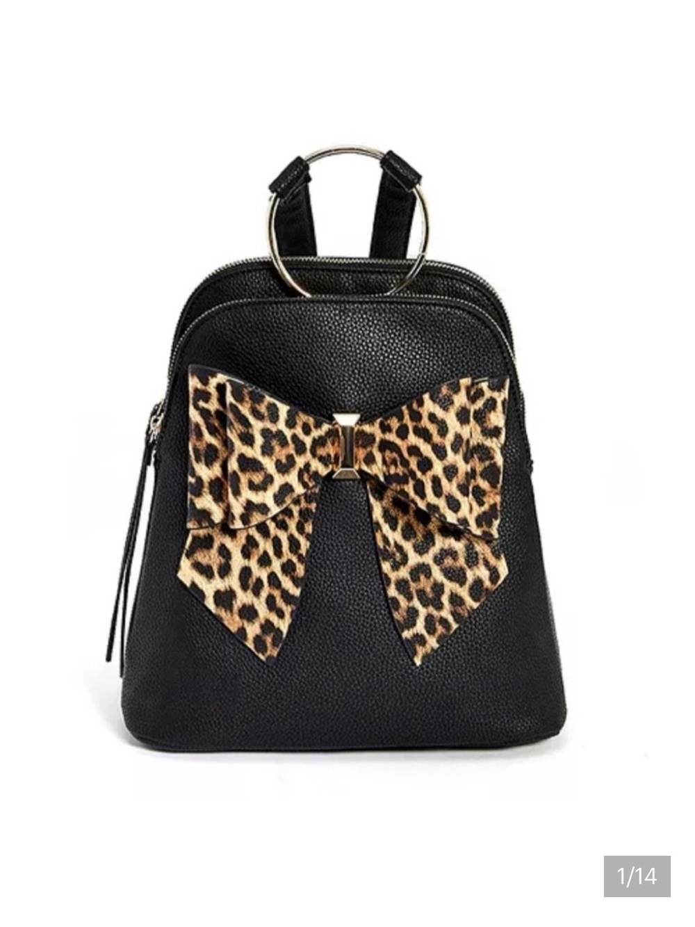 Women's Black Backpack with Leopard Bow Accent